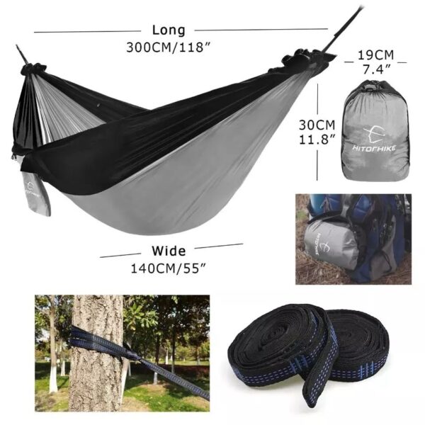 Portable Nylon Outdoor Hammock Grey & Black with pouch and dimensions